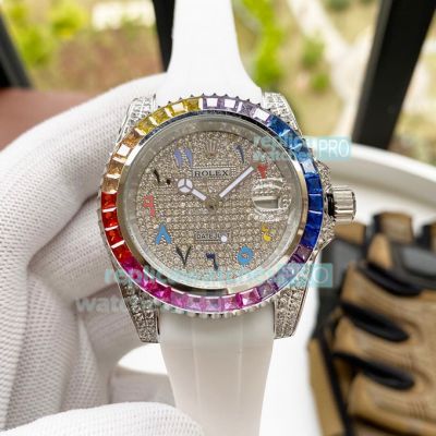 Copy Rolex Datejust Diamond Arabic Dial Rainbow Bezel Rubber Strap 40MM